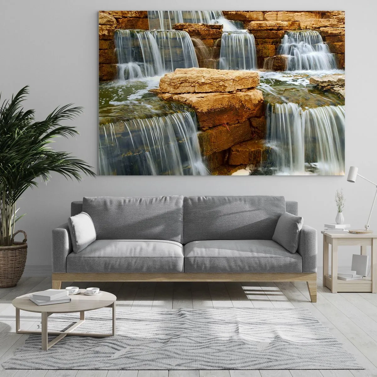 Glasbild - Bild auf glas - Wasserfall auf felsigem Hintergrund - 70x50cm - Treppe zum Himmel - Moderne Wanddekoration für Wohnzimmer und Schlafzimmer ARTTOR