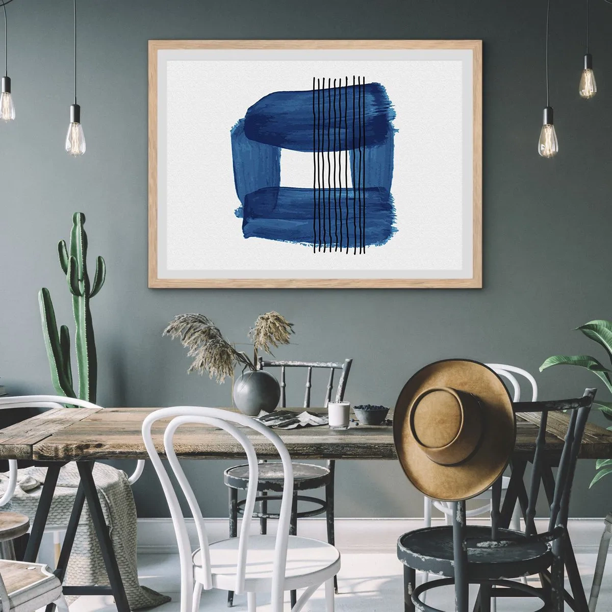 Poster in einem Rahmen aus heller Eiche - Blaue und schwarze Komposition - 40x30 cm