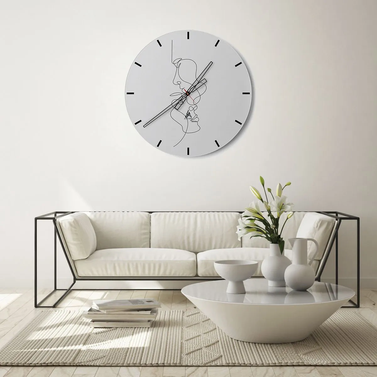 Wanduhr - Glasuhr - Minimalistische Gesichtskonturen in schwarzen Linien auf weißem Hintergrund - 30x30cm - Die Hitze bitterer Begierden - Moderne Wanddekoration für Wohnzimmer, Küche und Schlafzimmer ARTTOR