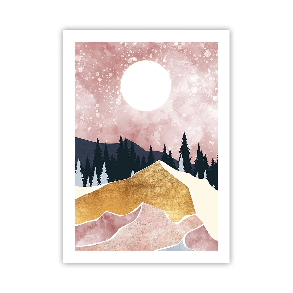 Poster - Abstrakte Landschaft mit Wald, Bergen und goldenen Akzenten - 50x70cm - Nachtwache - Moderne Wanddekoration für Wohnzimmer und Schlafzimmer ARTTOR