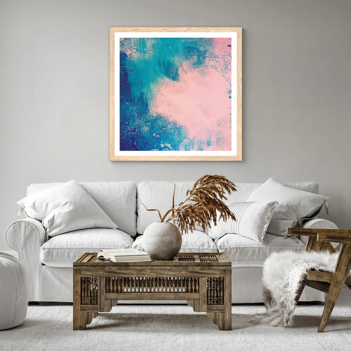 Poster in einem Rahmen aus heller Eiche - Himmelsblaue Umarmungen - 50x50 cm