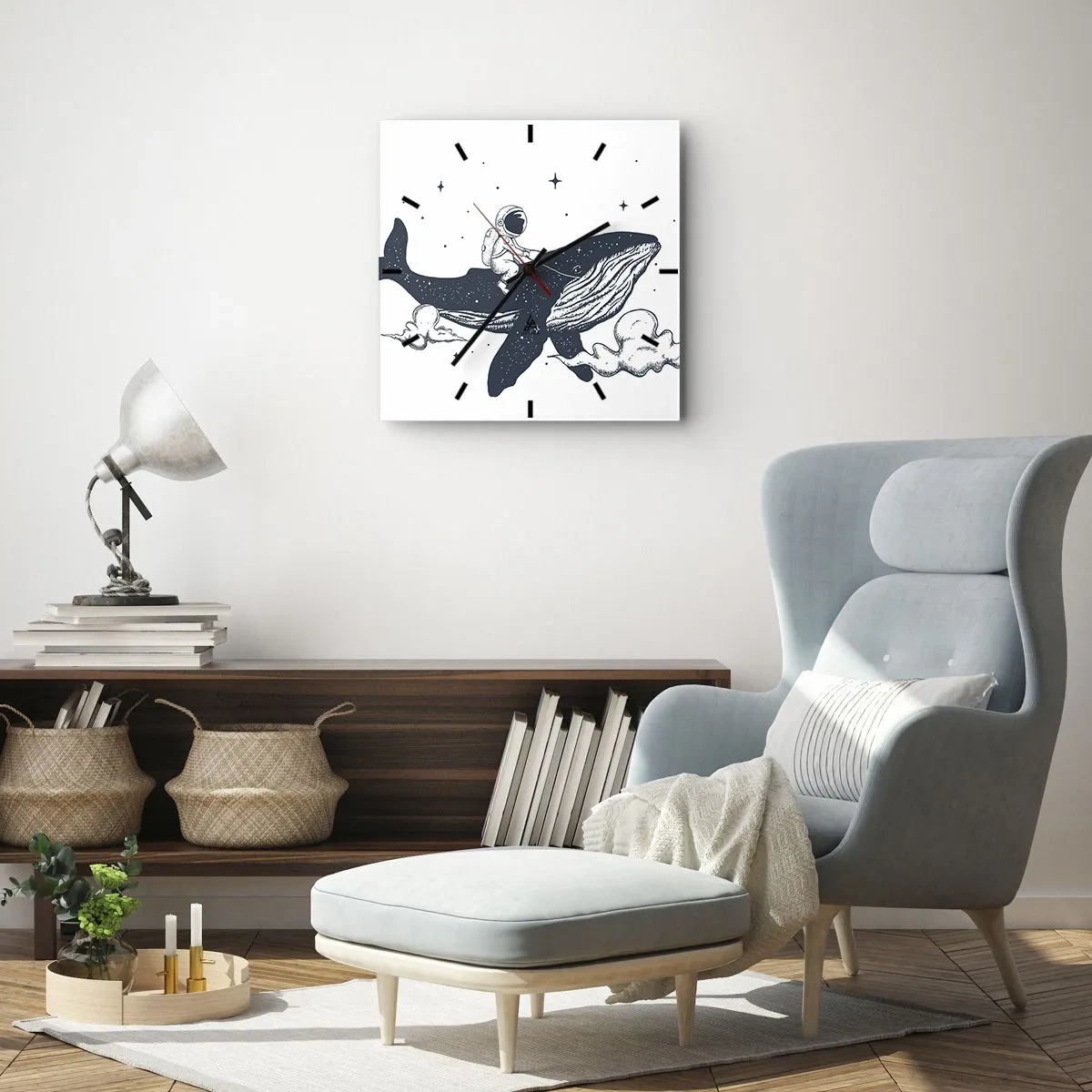 Wanduhr - Glasuhr - Astronaut auf einem im Weltraum schwebenden Wal - 30x30cm - Weltraumabenteuer - Moderne Wanddekoration für Wohnzimmer und Schlafzimmer ARTTOR