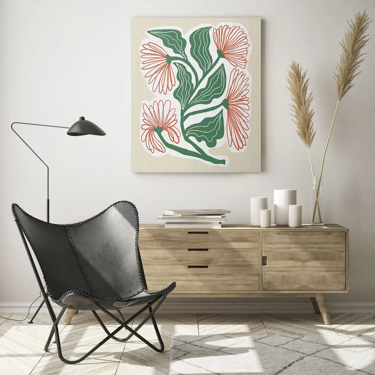 Glasbild - Bild auf glas - Eine Blumenzeichnung im minimalistischen Stil mit grünen Blättern - 80x120cm - Im Folkstil und modern - Moderne Wanddekoration für Wohnzimmer und Schlafzimmer ARTTOR