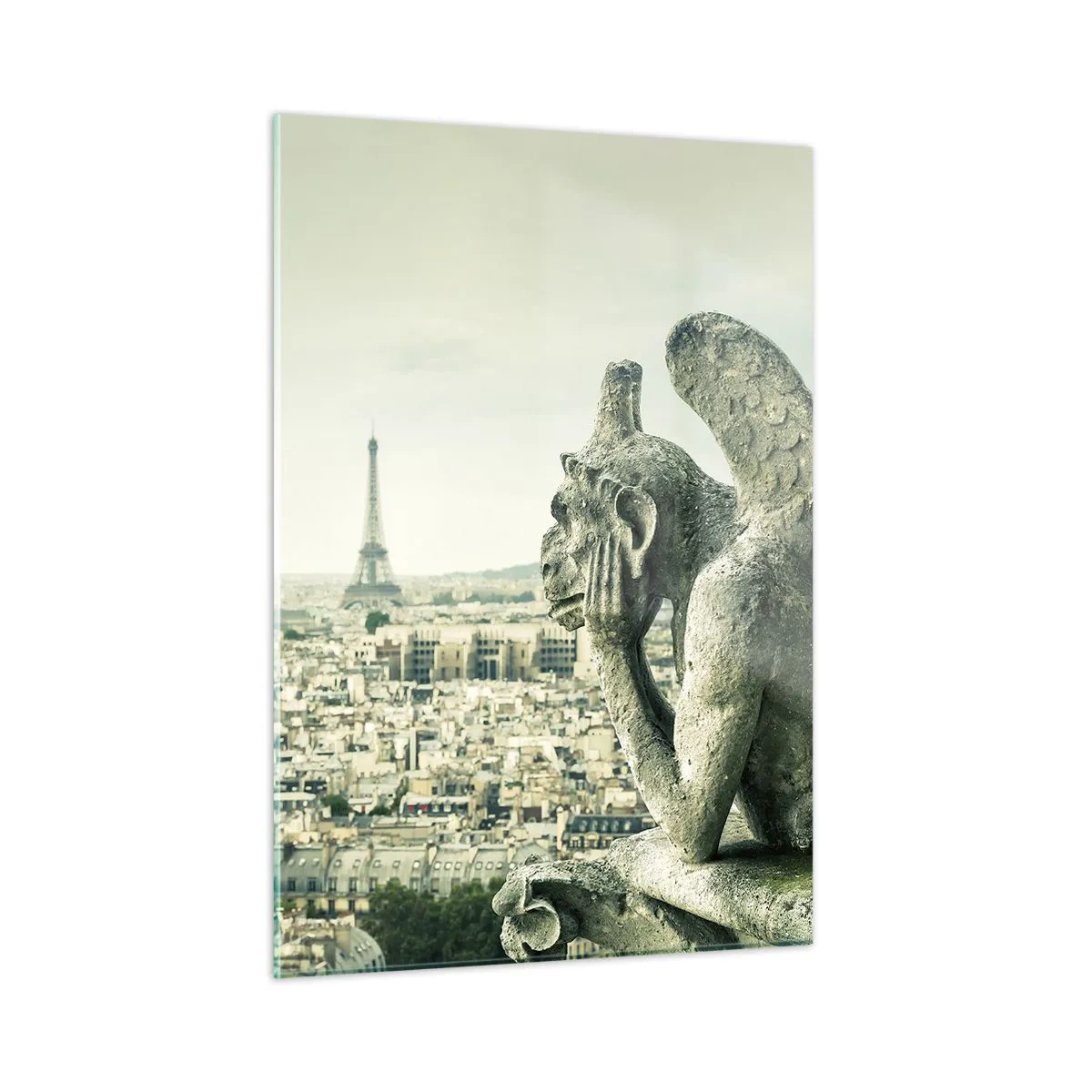 Glasbild - Bild auf glas - Wasserspeier über Paris mit Blick auf den Eiffelturm - 50x70cm - Pariser Plaudern - Moderne Wanddekoration für Wohnzimmer und Schlafzimmer ARTTOR