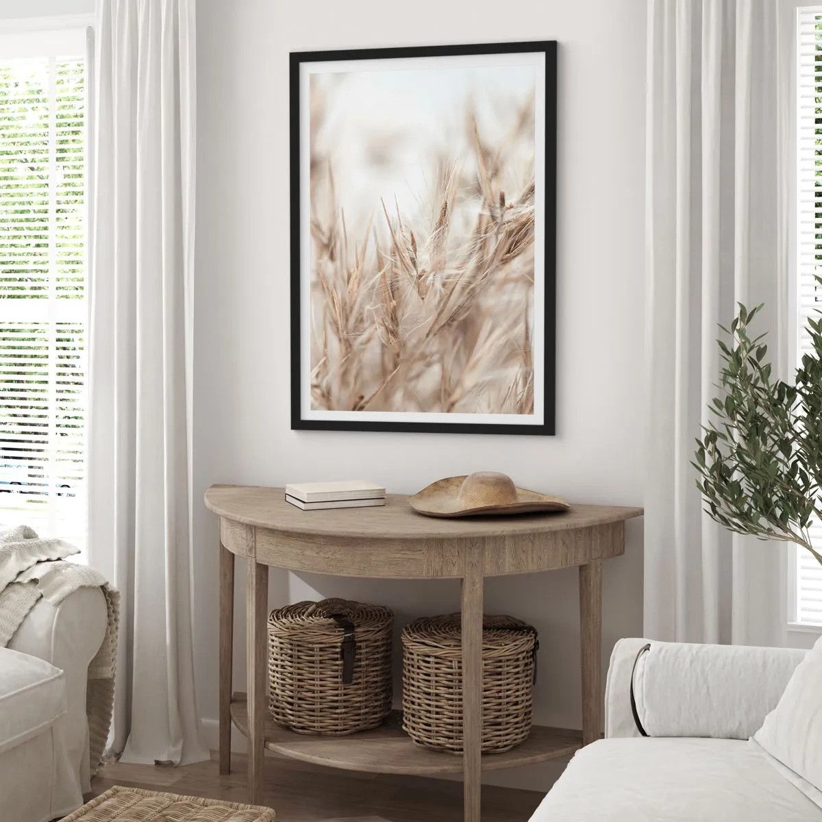 Poster in einem schwarzem Rahmen - Zarte Grashalme in Beige - 50x70cm - Wiese und Wind - Moderne Wanddekoration für Wohnzimmer und Schlafzimmer ARTTOR