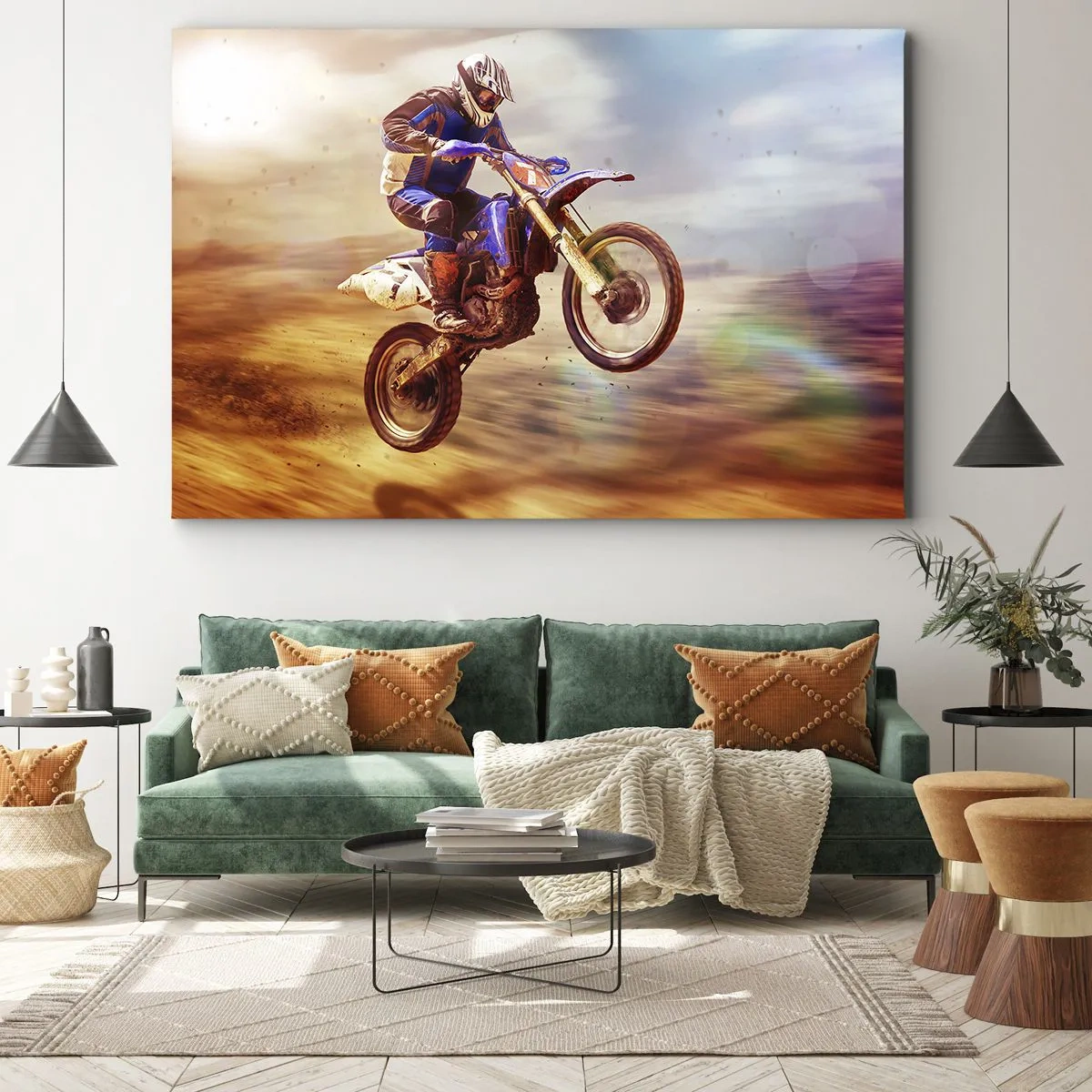 Bild auf Leinwand - Leinwandbild - Ein Motorradfahrer im Flug während einer dynamischen Offroad-Fahrt - 70x50cm - Motorradschwindel - Moderne Wanddekoration für Wohnzimmer und Schlafzimmer ARTTOR