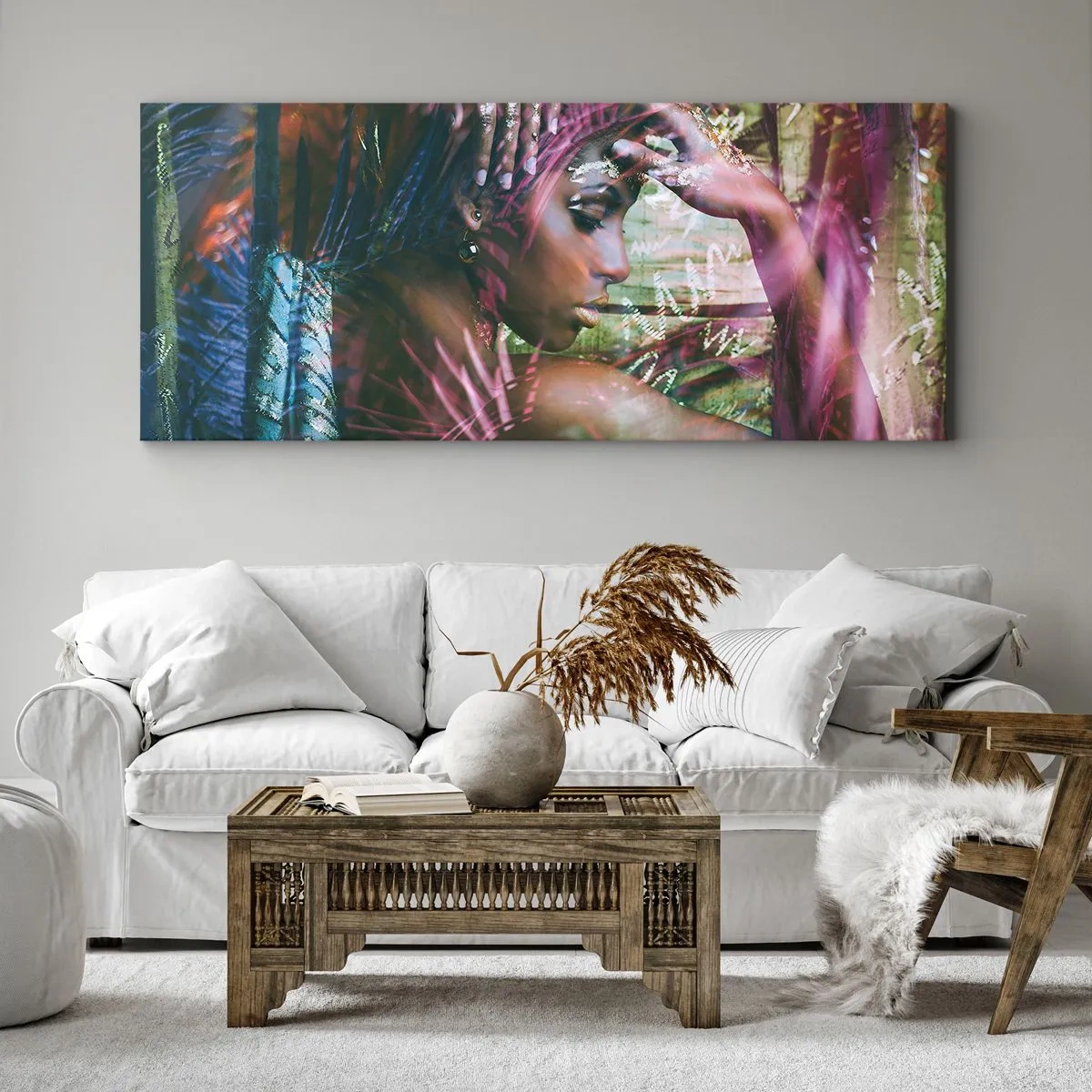Bild auf Leinwand - Leinwandbild - Porträt einer Frau, umgeben von exotischer Vegetation - 140x50cm - Mutter Natur im Dschungel - Moderne Wanddekoration für Wohnzimmer und Schlafzimmer ARTTOR