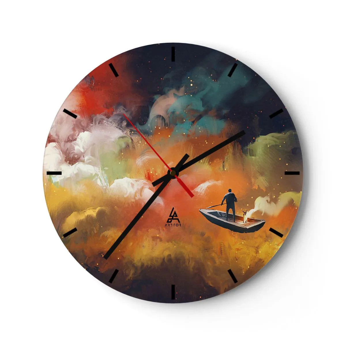 Wanduhr - Glasuhr - Eine Figur auf einem Boot in einer surrealen, farbenfrohen Landschaft - 30x30cm - Mit dem Boot durch die Galaxie - Moderne Wanddekoration für Wohnzimmer, Küche und Schlafzimmer ARTTOR
