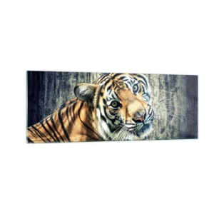 Glasbild - Bild auf glas - Ein Tiger liegt an einer rauen Wand - 140x50cm - Portrait in Lichtstrahlen - Moderne Wanddekoration für Wohnzimmer und Schlafzimmer ARTTOR