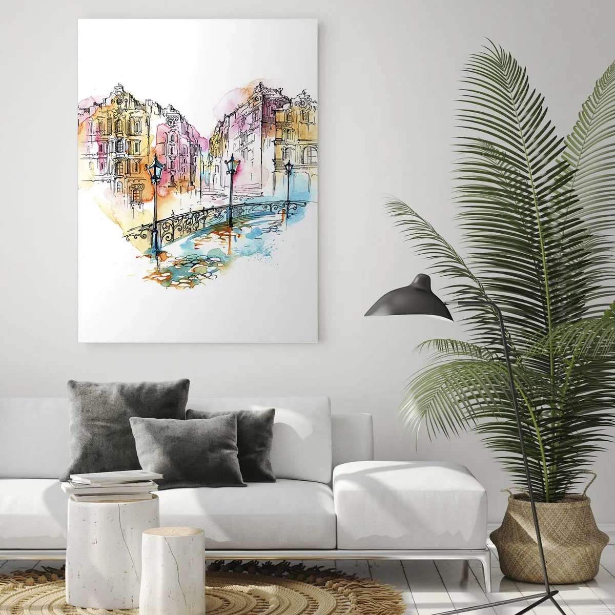 Glasbild - Bild auf glas - Aquarell einer Brücke und herzförmigen Mietshäusern - 70x100cm - Das Herz der Stadt - Moderne Wanddekoration für Wohnzimmer und Schlafzimmer ARTTOR