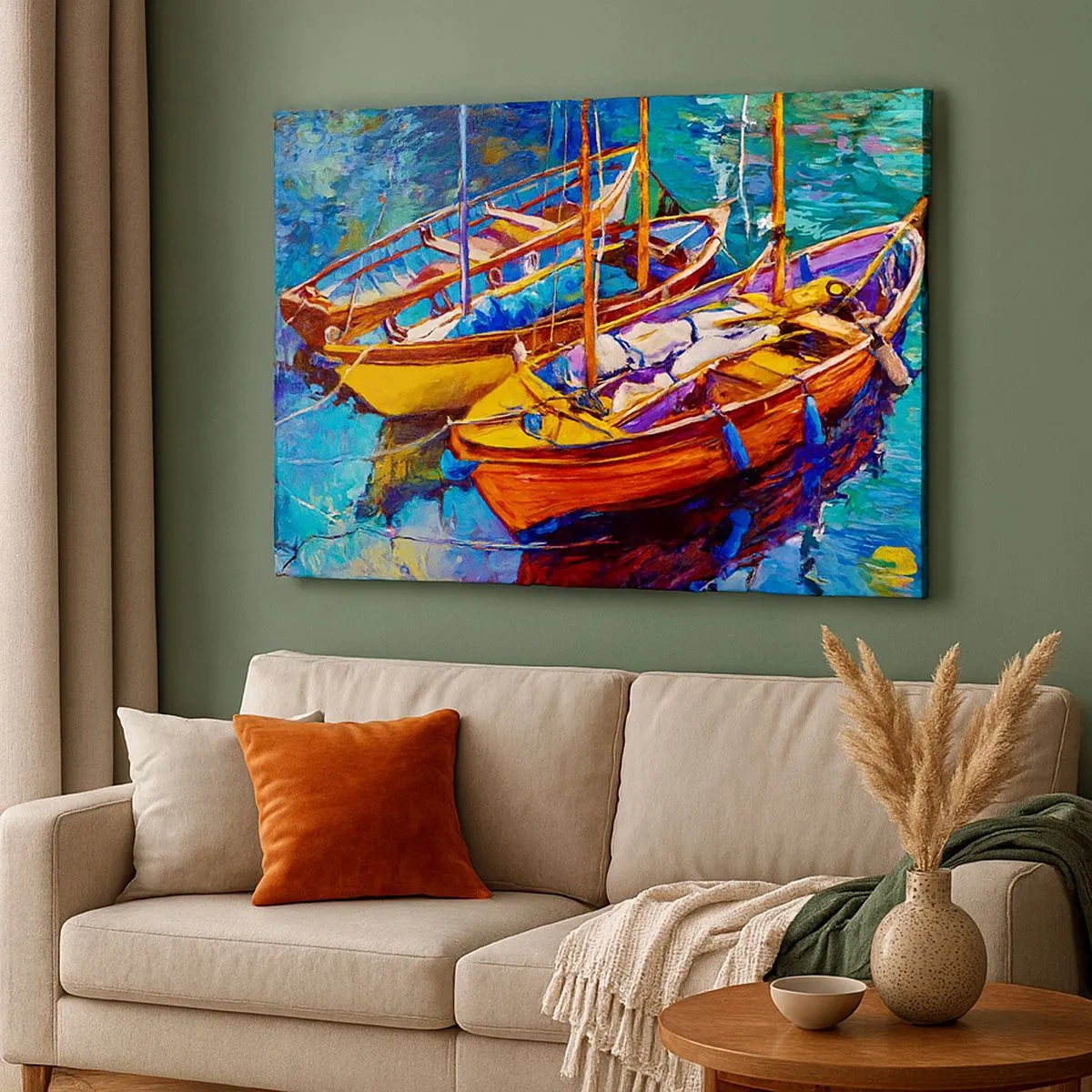 Bild auf Leinwand - Leinwandbild - Bunte Boote auf ruhigem Wasser - 70x50cm - Auf Wasser dick mit Farben - Moderne Wanddekoration für Wohnzimmer und Schlafzimmer ARTTOR