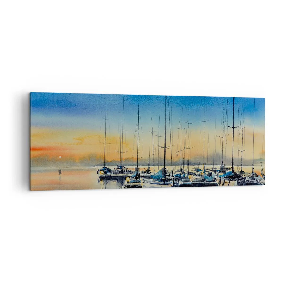 Bild auf Leinwand - Leinwandbild - Yachthafen bei Sonnenuntergang mit Spiegelungen auf dem Wasser - 140x50cm - Ende eines guten Tages - Moderne Wanddekoration für Wohnzimmer und Schlafzimmer ARTTOR