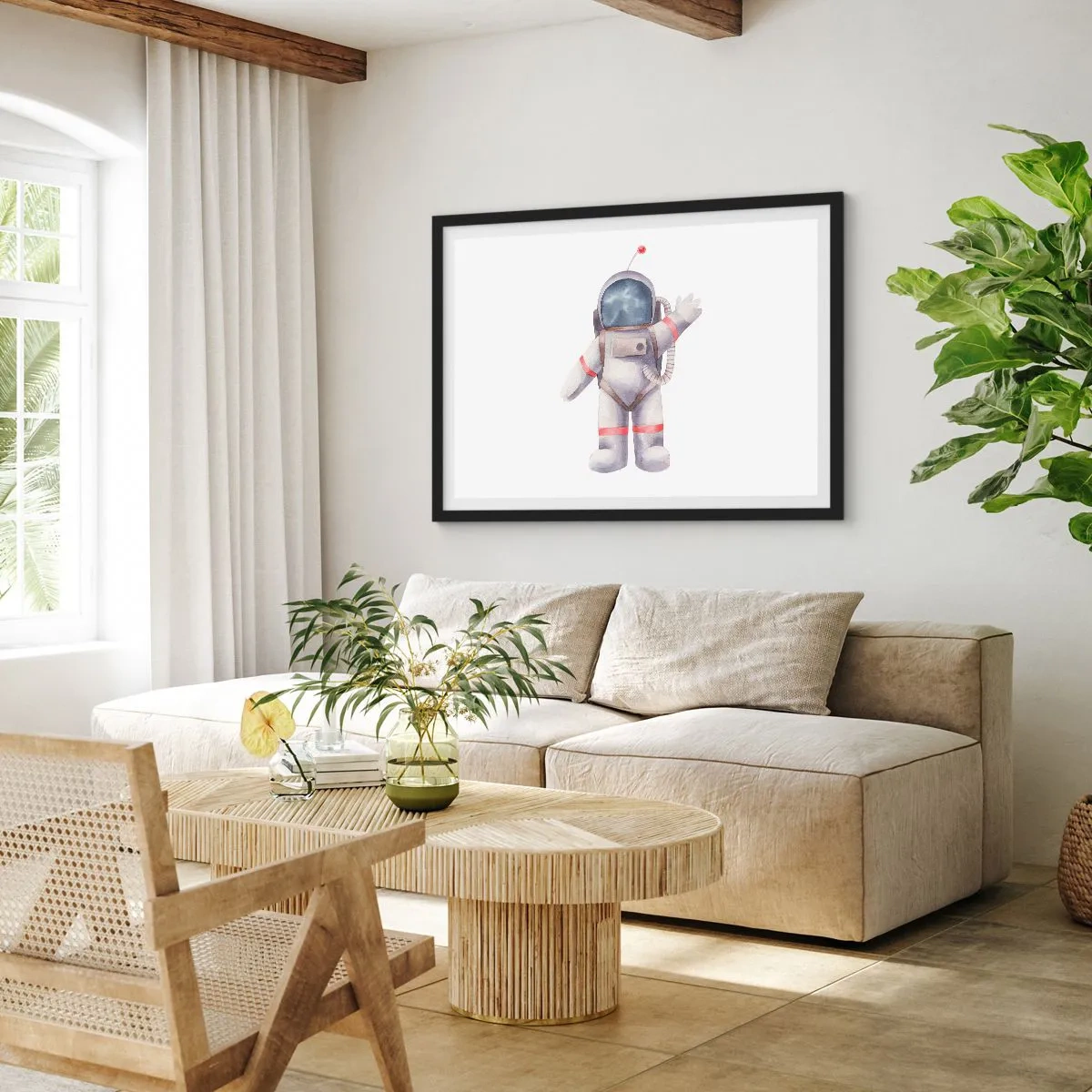 Poster in einem schwarzem Rahmen - Astronaut im Aquarellstil auf weißem Hintergrund - 70x50cm - Bis dann! - Moderne Wanddekoration für Wohnzimmer und Schlafzimmer ARTTOR