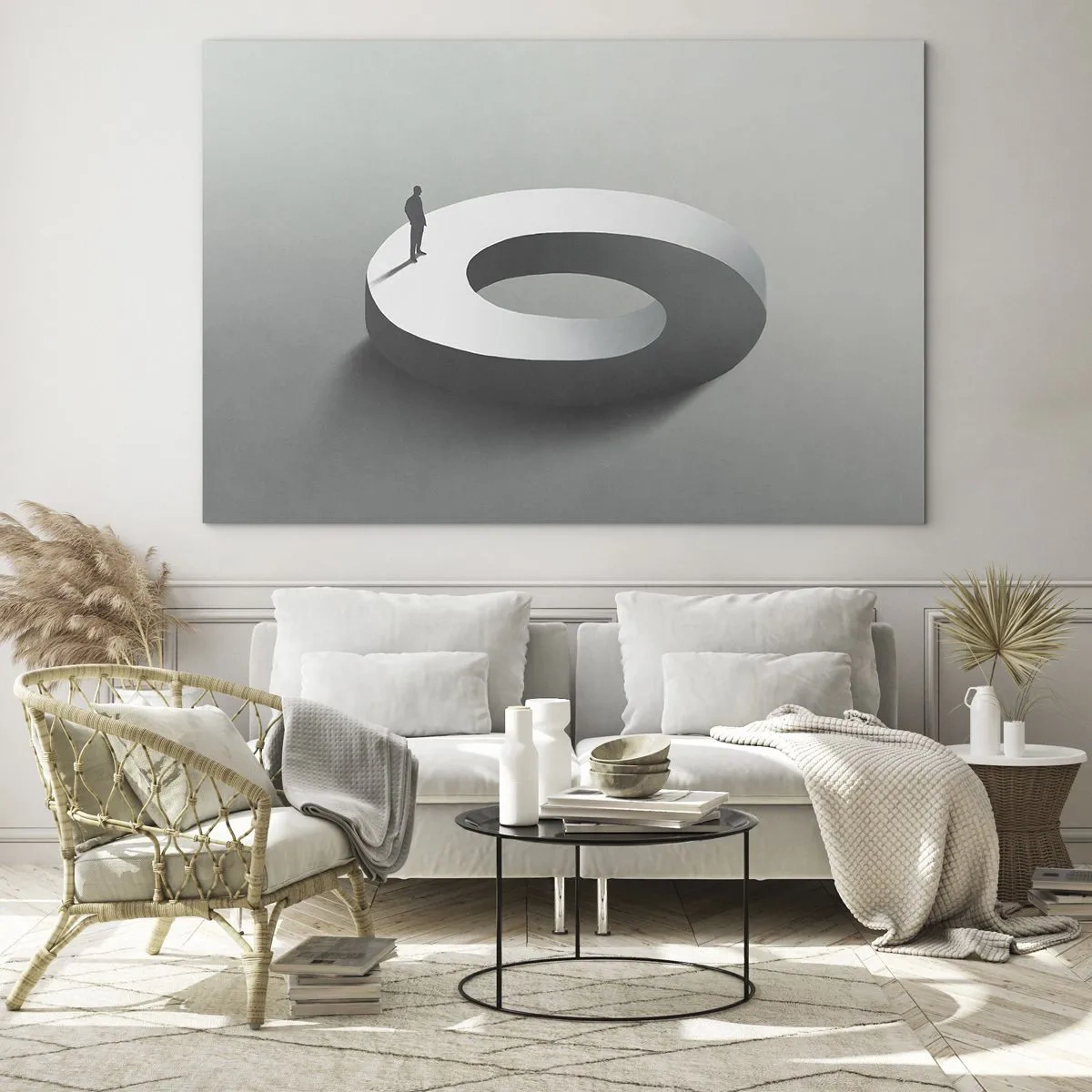 Glasbild - Bild auf glas - Eine minimalistische Silhouette eines Mannes auf einem weißen Ring - 70x50cm - Und wie soll man davon klug werden - Moderne Wanddekoration für Wohnzimmer und Schlafzimmer ARTTOR