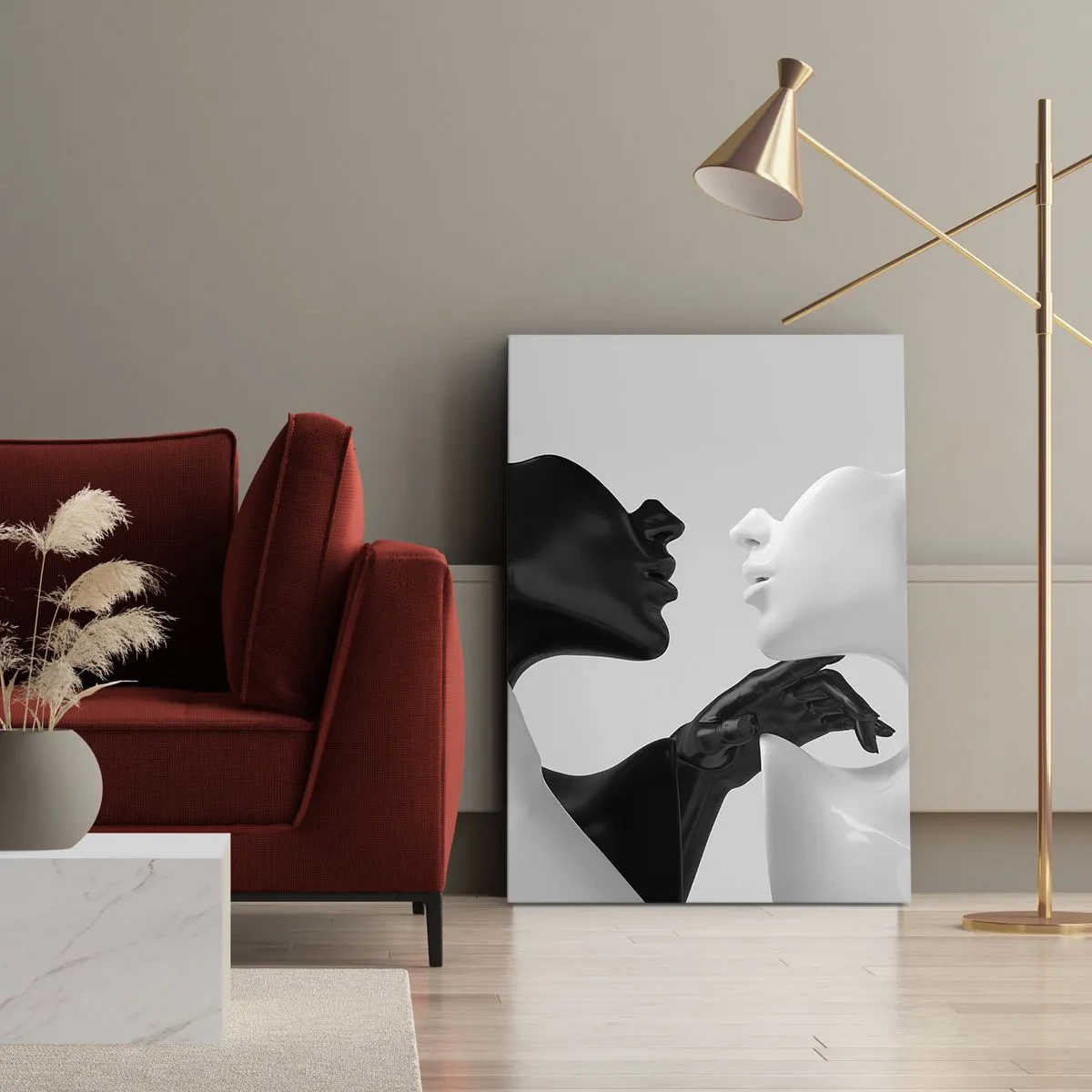 Bild auf Leinwand - Leinwandbild - Schwarz-weiße Silhouetten in dynamischer Nahaufnahme - 50x70cm - Anziehung - Begierde - Moderne Wanddekoration für Wohnzimmer und Schlafzimmer ARTTOR