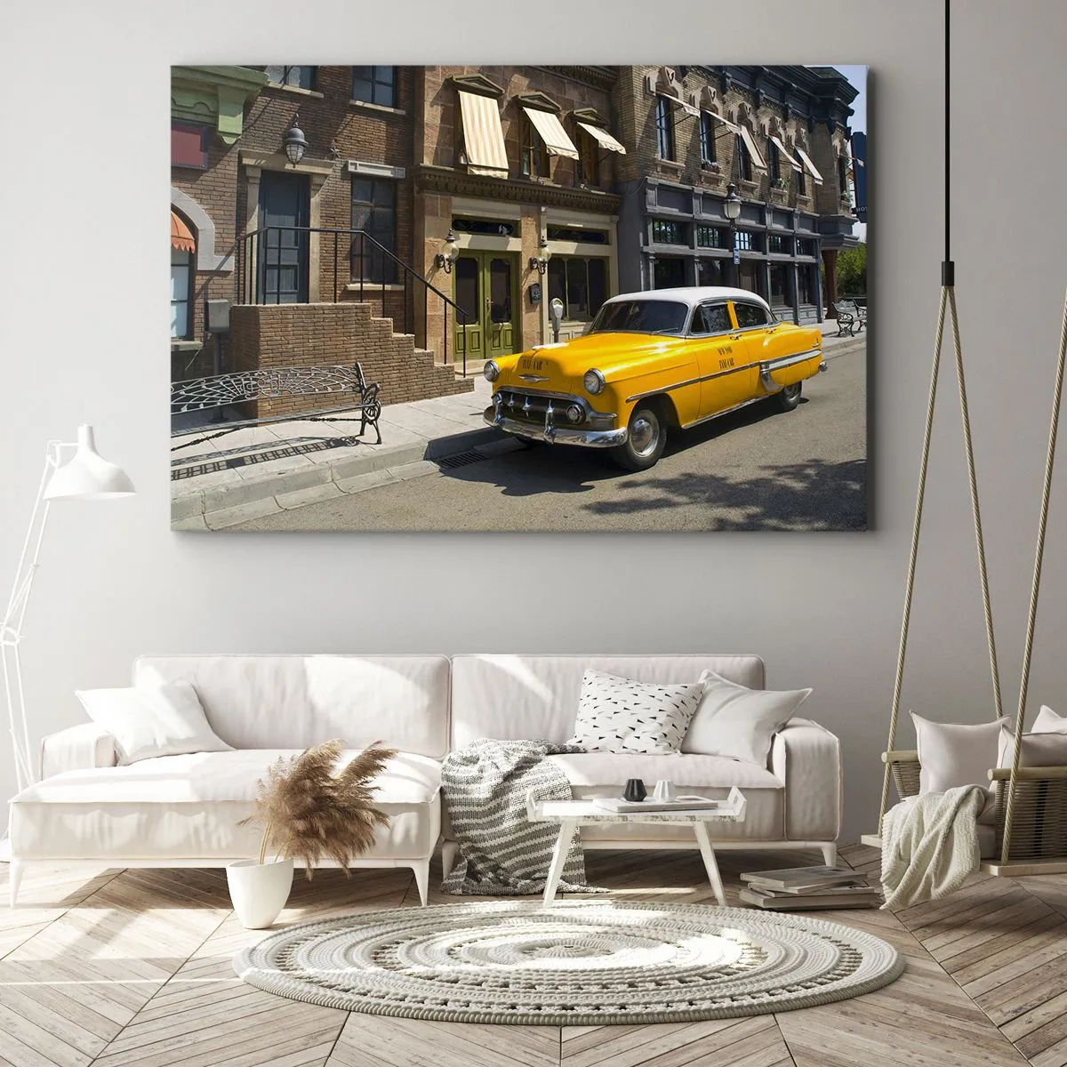 Bild auf Leinwand - Leinwandbild - Ein gelbes Taxi auf einer Straße mit Mietshäusern - 70x50cm - Vor langer Zeit in Amerika - Moderne Wanddekoration für Wohnzimmer und Schlafzimmer ARTTOR