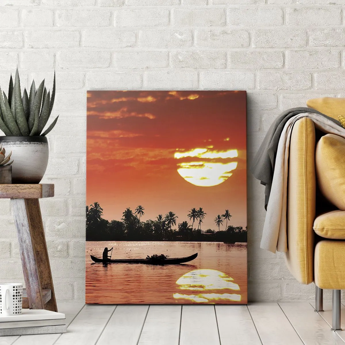 Bild auf Leinwand - Leinwandbild - Tropischer Sonnenuntergang mit einem Boot und Palmen im Hintergrund - 80x120cm - Die Ruhe der Tropen bei Sonnenuntergang - Moderne Wanddekoration für Wohnzimmer und Schlafzimmer ARTTOR