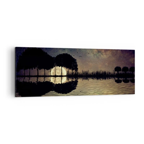 Bild auf Leinwand - Leinwandbild - Eine magische Nacht mit Bäumen und dem Mond, der sich im Wasser spiegelt - 140x50cm - Nacht am Ende der Welt - Moderne Wanddekoration für Wohnzimmer und Schlafzimmer ARTTOR