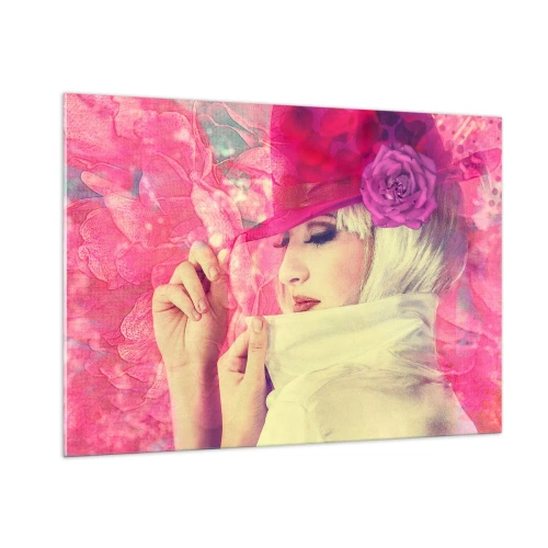Glasbild - Bild auf glas - Illustration einer Frau mit einem rosa Hut und einer Blume im Hintergrund - 100x70cm - Retro-Porträt in einem rosa Nebel - Moderne Wanddekoration für Wohnzimmer und Schlafzimmer ARTTOR