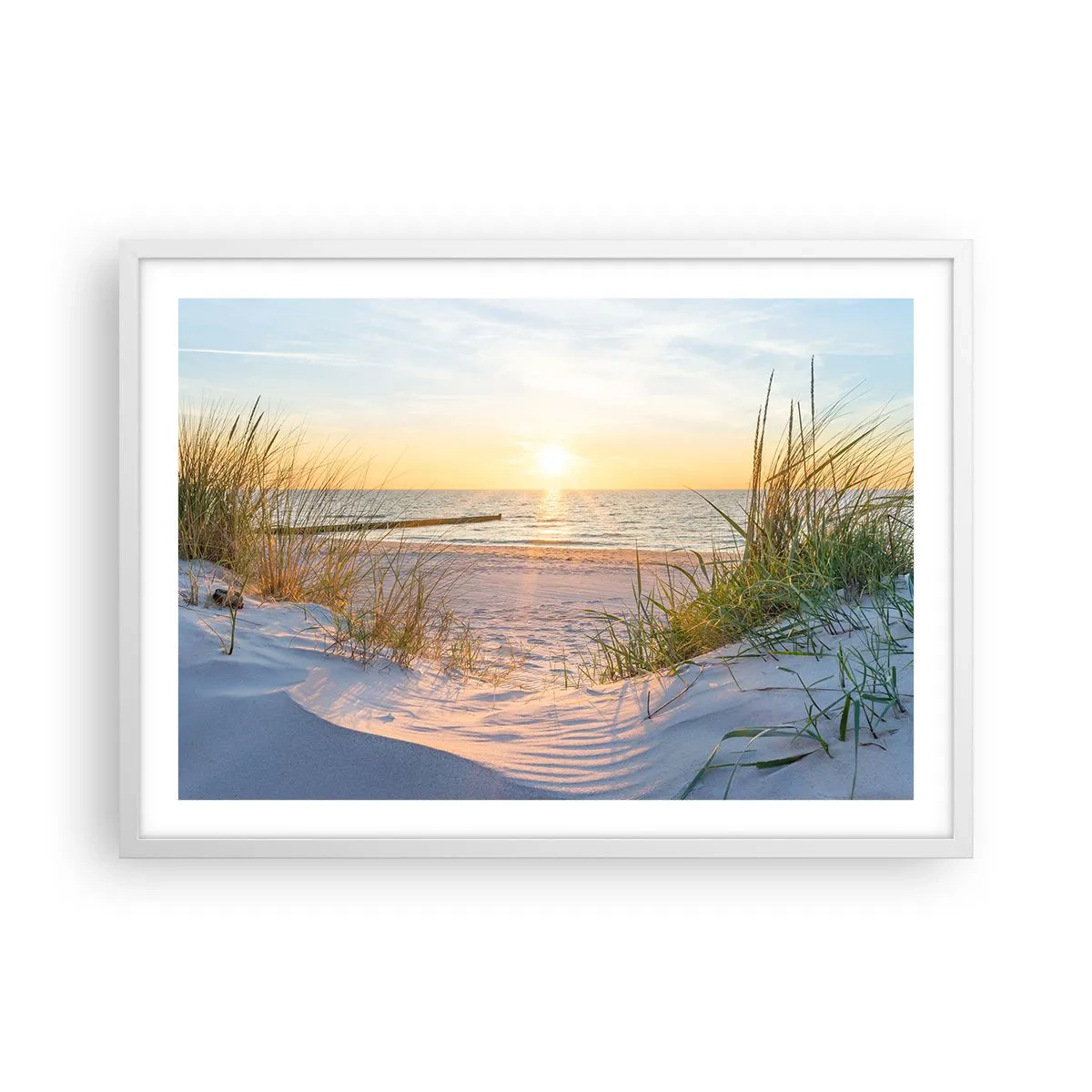 Poster in einem weißen Rahmen - Das Rauschen des Meeres, der Gesang der Vögel, ein wilder Strand im Gras ... - 70x50 cm