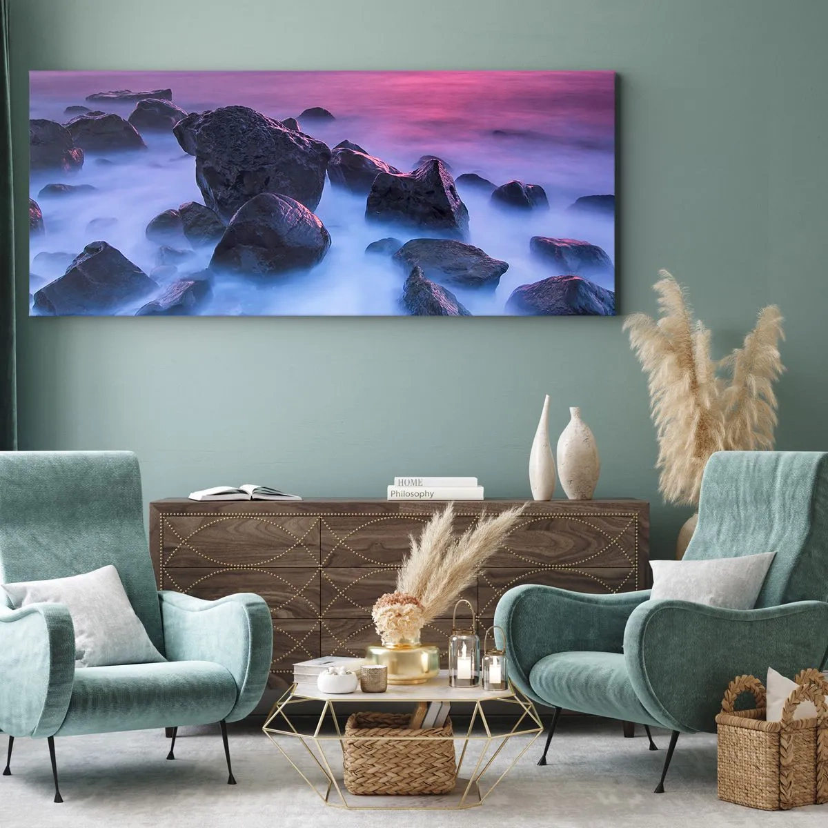 Bild auf Leinwand - Leinwandbild - Felsige Küste bei Sonnenuntergang - 140x50cm - Geburt bei Licht und Nebel - Moderne Wanddekoration für Wohnzimmer und Schlafzimmer ARTTOR
