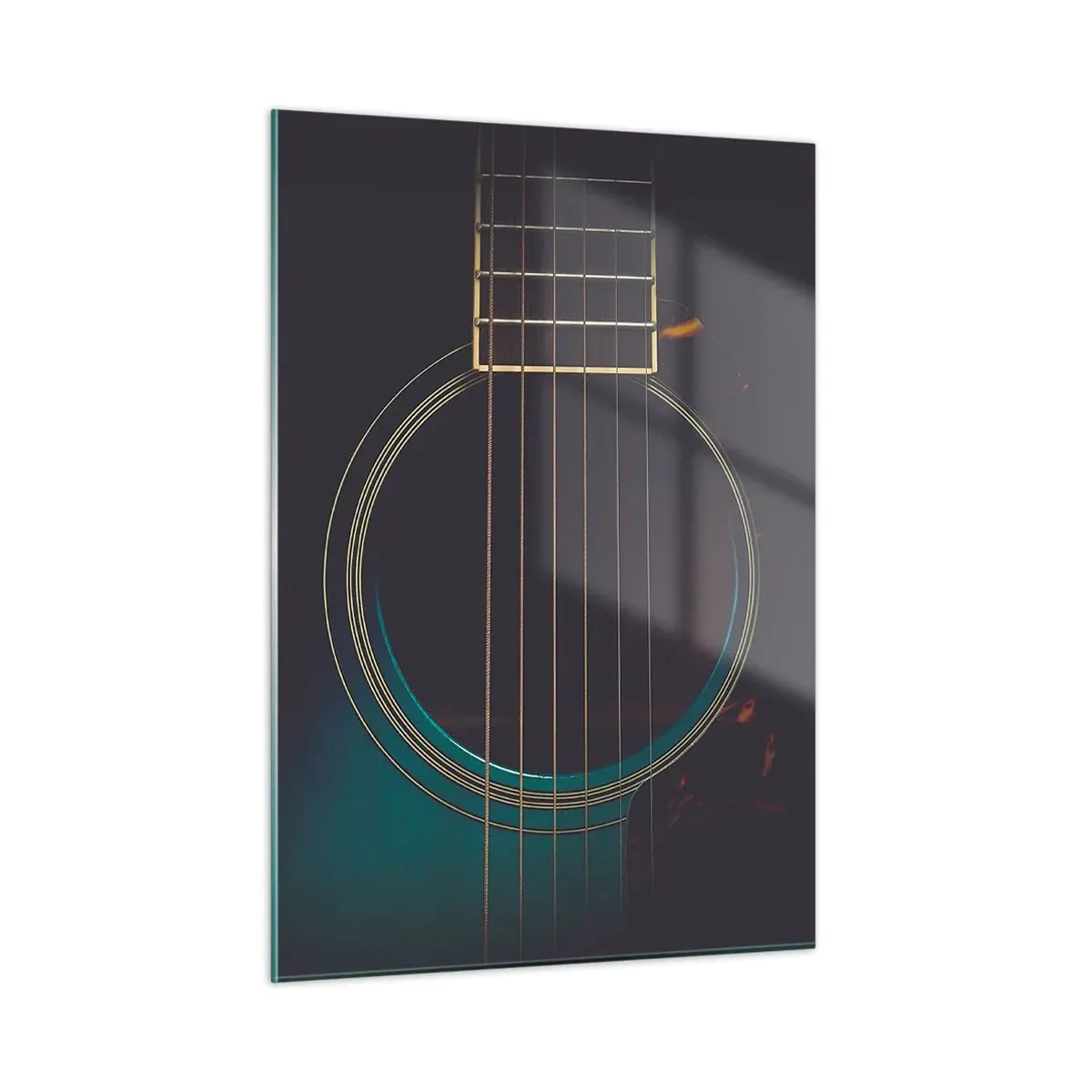 Glasbild - Bild auf glas - Nahaufnahme einer schwarzen Akustikgitarre mit Saitendetails - 50x70cm - Einen Moment bevor es ertönt - Moderne Wanddekoration für Wohnzimmer und Schlafzimmer ARTTOR