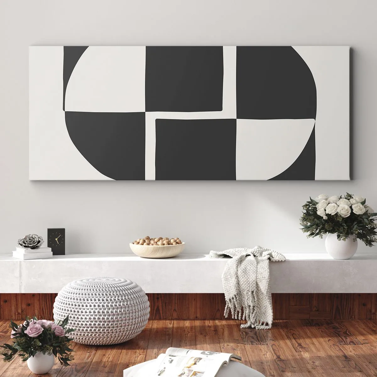 Bild auf Leinwand - Leinwandbild - Abstrakte geometrische Formen in Schwarz und Weiß - 120x50cm - Antithese - Synthese - Moderne Wanddekoration für Wohnzimmer und Schlafzimmer ARTTOR