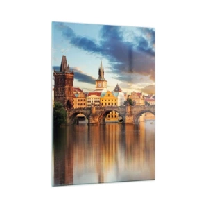 Glasbild - Bild auf glas - Karlsbrücke bei Sonnenuntergang mit malerischen Gebäuden im Hintergrund - 50x70cm - Schön seit Ewigkeiten - Moderne Wanddekoration für Wohnzimmer und Schlafzimmer ARTTOR