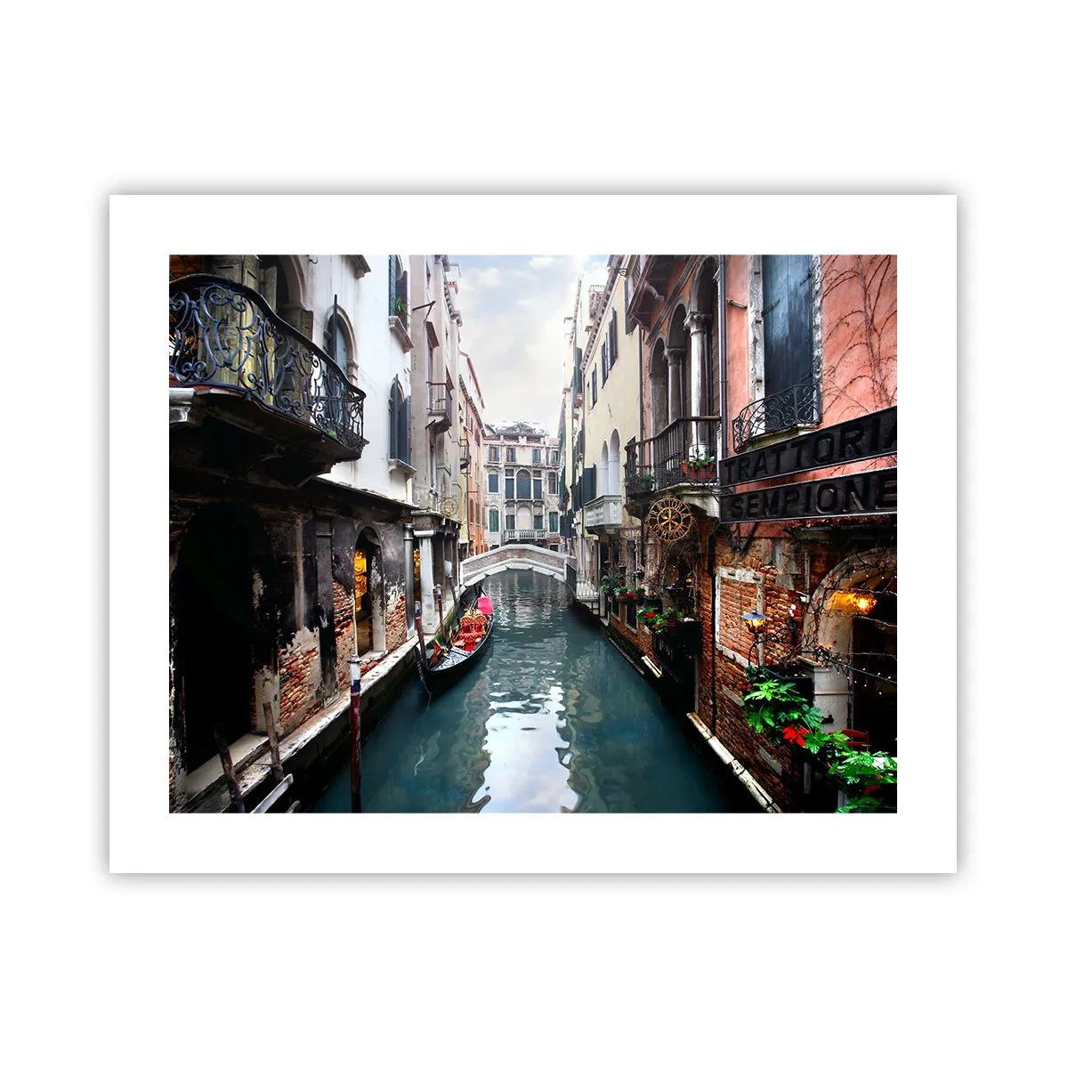 Poster - Venezianische Landschaft mit Gondel und Brücke - 50x40 cm