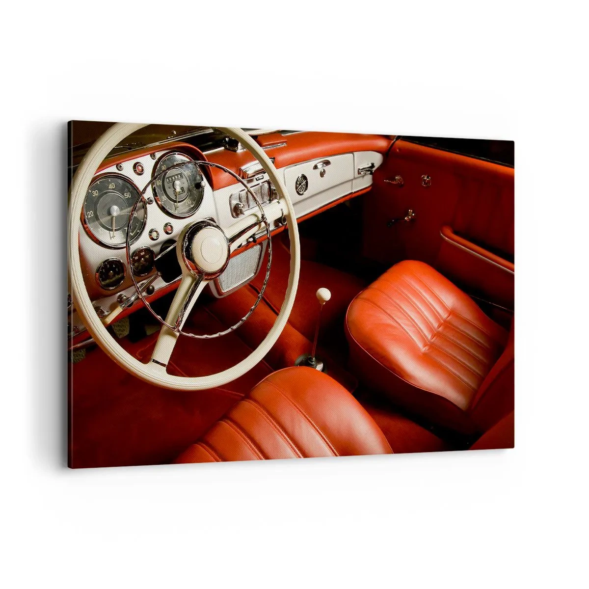 Bild auf Leinwand - Leinwandbild - Oldtimer-Innenraum mit roten Ledersitzen - 120x80cm - Luxus im Vintagestil - Moderne Wanddekoration für Wohnzimmer und Schlafzimmer ARTTOR