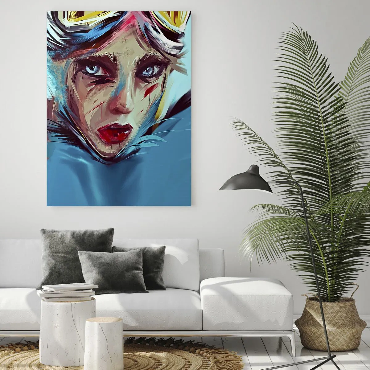 Glasbild - Bild auf glas - Porträt einer Frau in dynamischen Farben und einem abstrakten Stil - 70x100cm - Strassenkämpferin - Moderne Wanddekoration für Wohnzimmer und Schlafzimmer ARTTOR