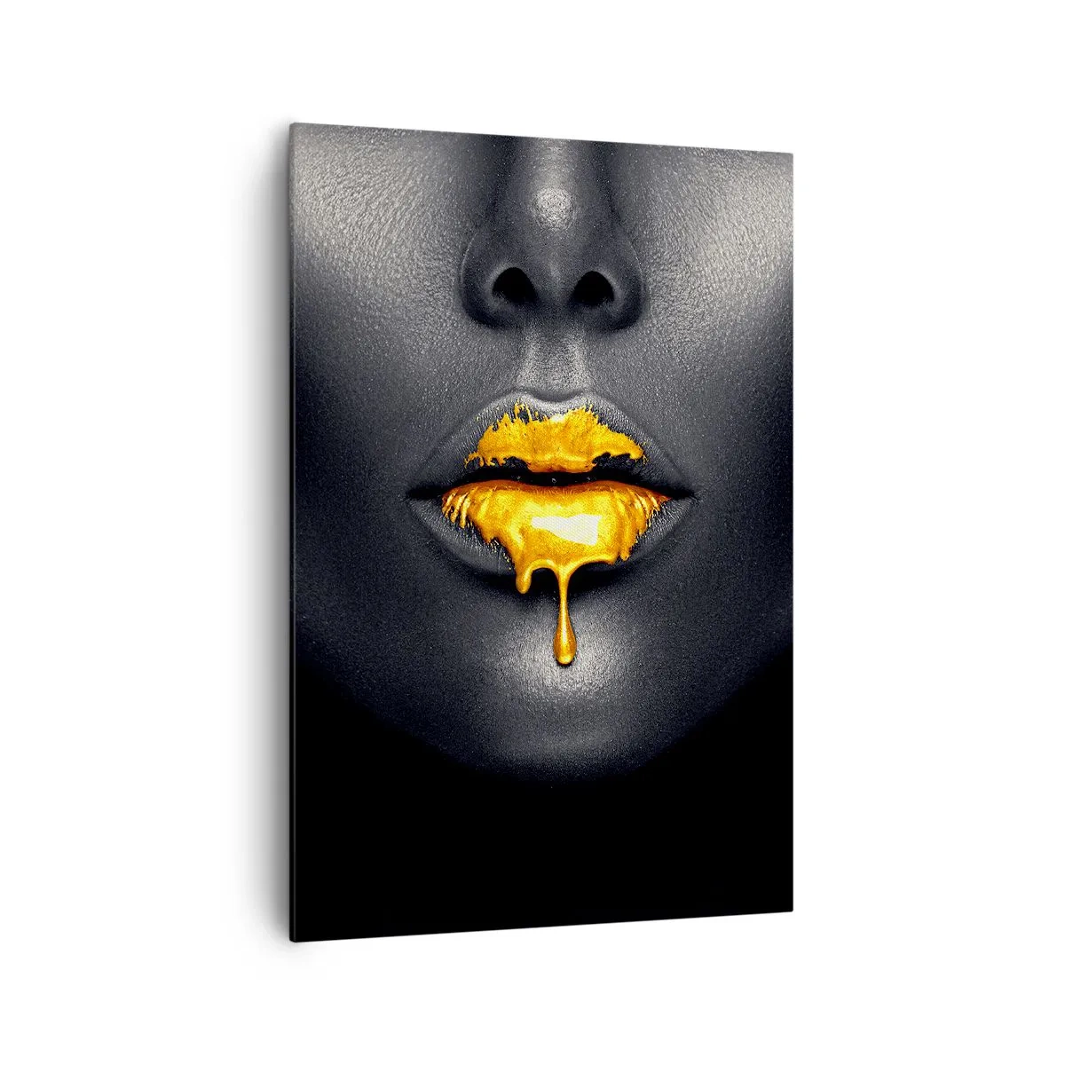 Bild auf Leinwand - Leinwandbild - Schwarz-goldenes Porträt einer Frau mit einem Tropfen Gold auf den Lippen - 70x100cm - Goldmaul - Moderne Wanddekoration für Wohnzimmer und Schlafzimmer ARTTOR