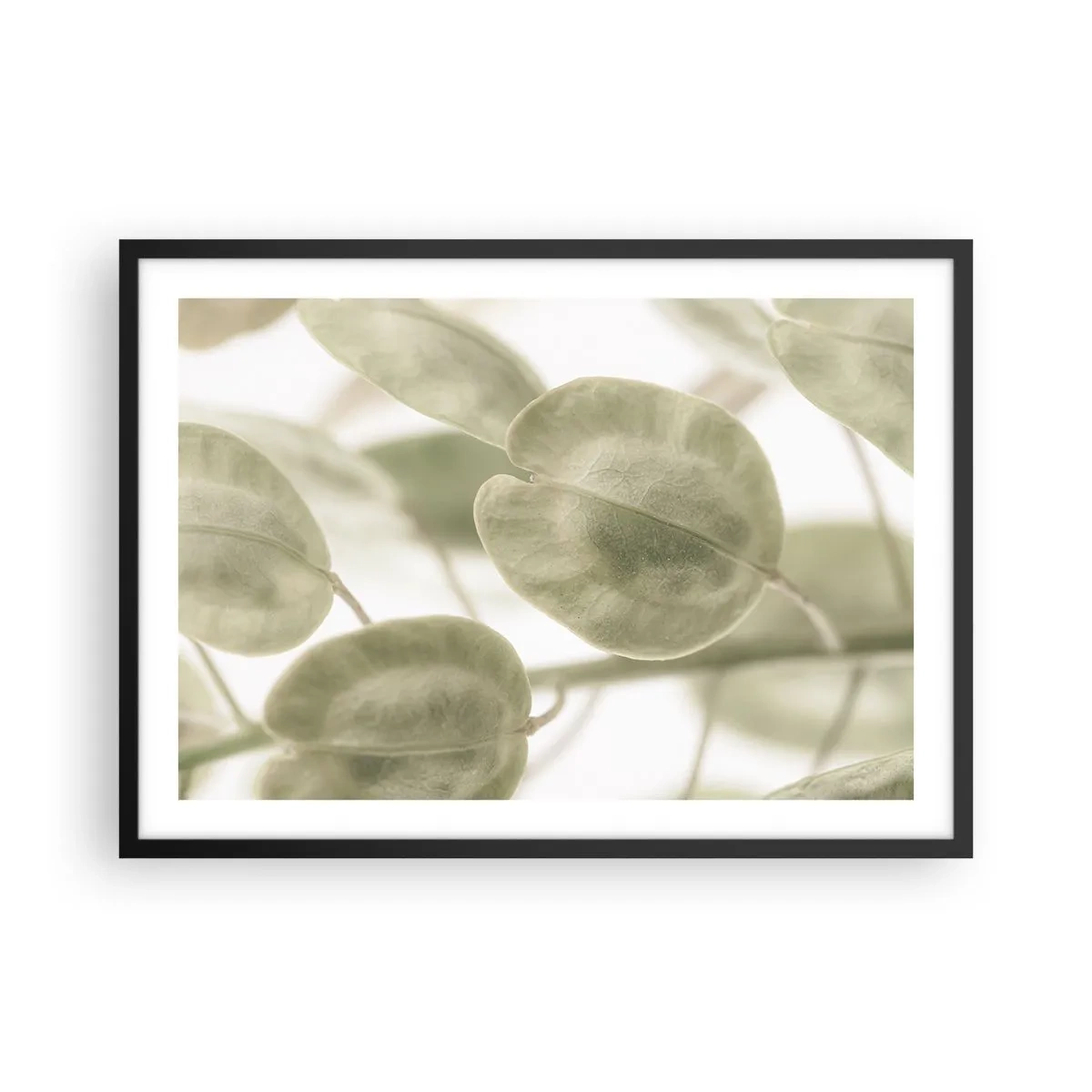 Poster in einem schwarzem Rahmen - Ein zartes Gemälde von Blättern in pastellfarbenen Grüntönen auf hellem Hintergrund. - 70x50cm - Am Anfang waren Blätter... - Moderne Wanddekoration für Wohnzimmer und Schlafzimmer ARTTOR