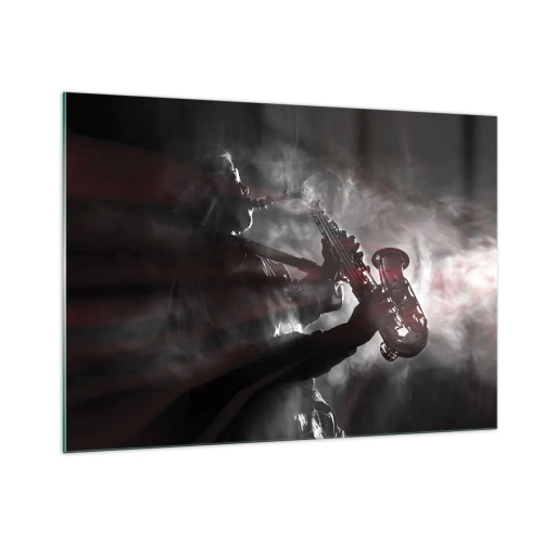 Glasbild - Bild auf glas - Saxophonist in einer Rauchwolke in Schwarz und Weiß - 100x70cm - In den Dämpfen des Jazz - Moderne Wanddekoration für Wohnzimmer und Schlafzimmer ARTTOR