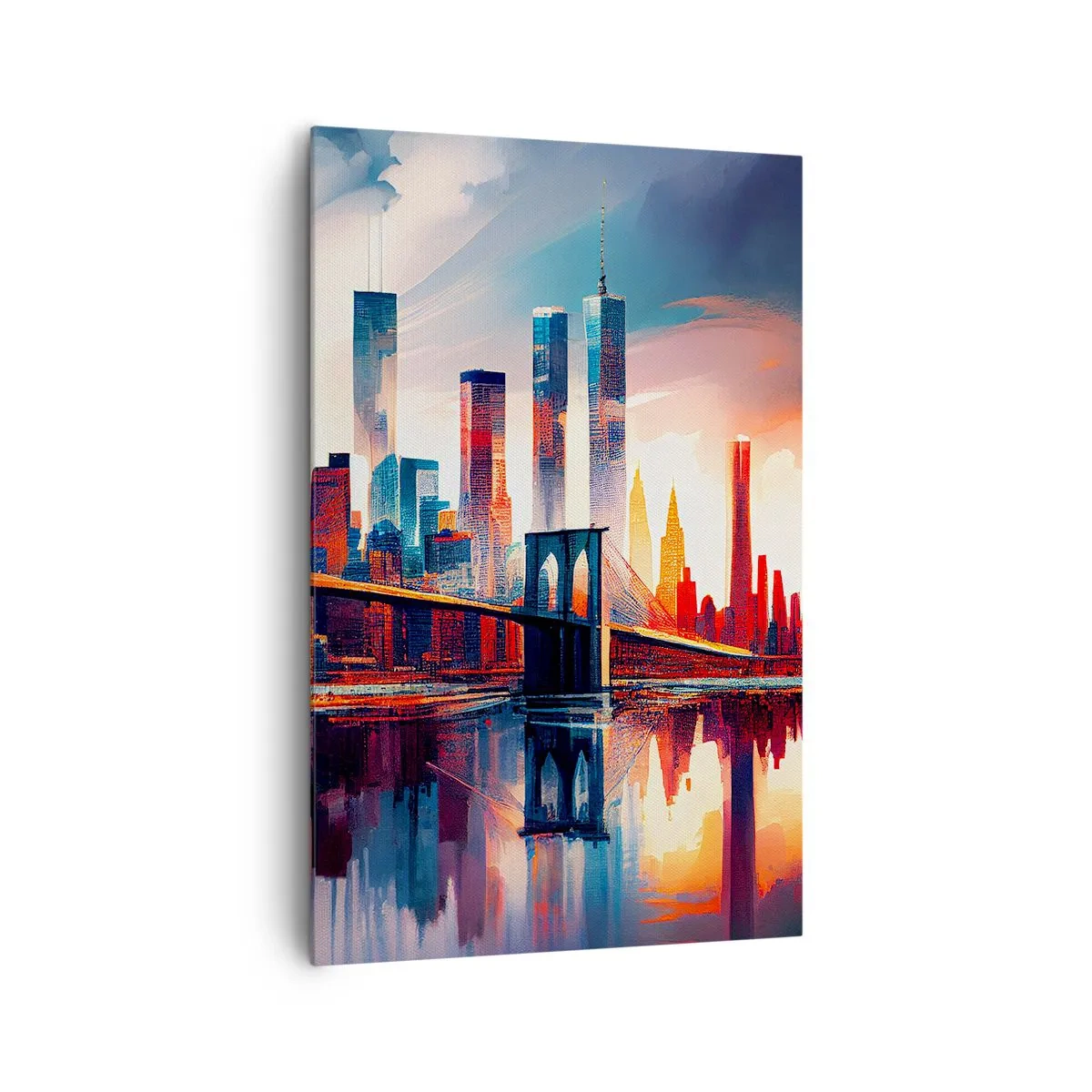 Bild auf Leinwand - Leinwandbild - New York City Panorama mit Brücke und Spiegelung im Wasser - 80x120cm - Traumhaftes New York - Moderne Wanddekoration für Wohnzimmer und Schlafzimmer ARTTOR