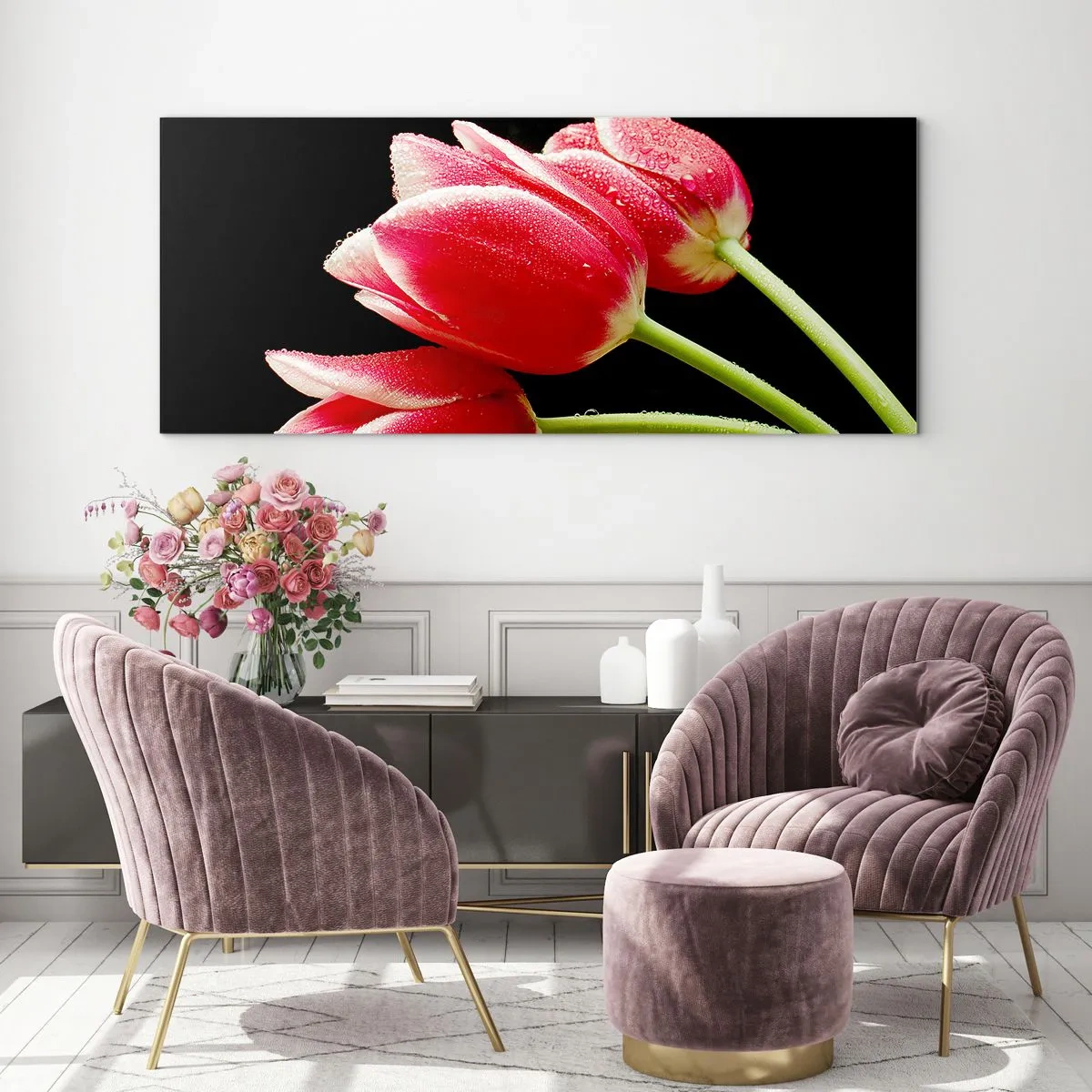 Glasbild - Bild auf glas - Rote Tulpen mit Tautropfen auf schwarzem Hintergrund - 120x50cm - Ein Versprechen der reinen Liebe - Moderne Wanddekoration für Wohnzimmer und Schlafzimmer ARTTOR