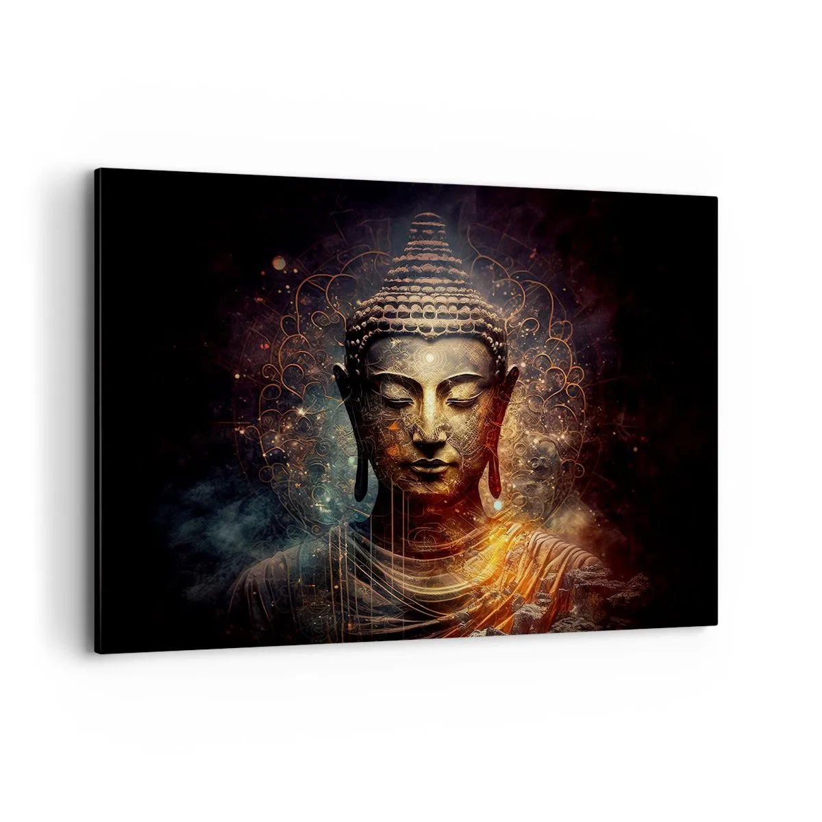 Bild auf Leinwand - Leinwandbild - Goldener Buddha auf dunklem Hintergrund mit Ornamenten - 100x70cm - Spirituelles Gleichgewicht - Moderne Wanddekoration für Wohnzimmer und Schlafzimmer ARTTOR