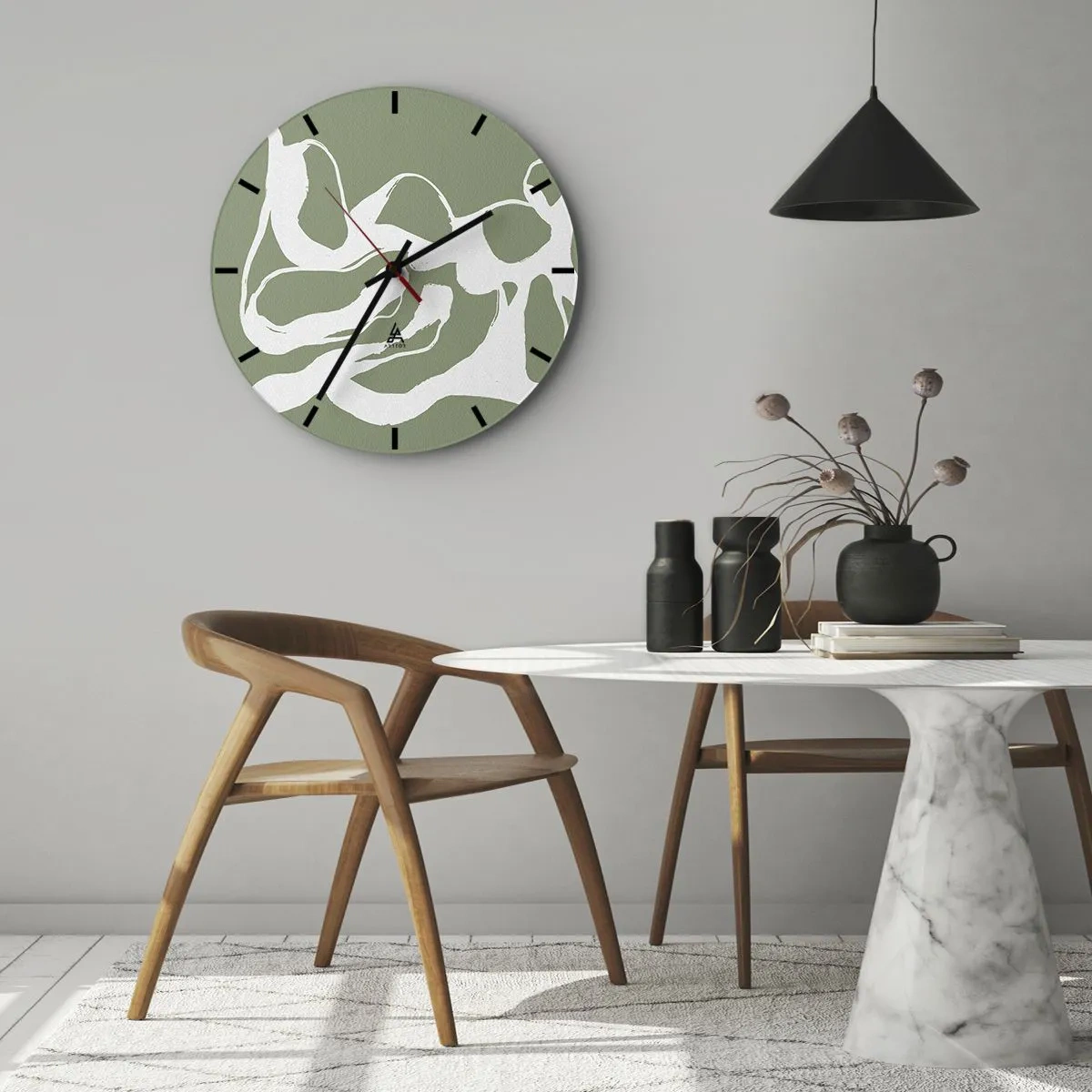 Wanduhr - Glasuhr - Organische weiße Formen auf olivgrünem Hintergrund - 30x30cm - Ruf des Weltraums - Moderne Wanddekoration für Wohnzimmer, Küche und Schlafzimmer ARTTOR
