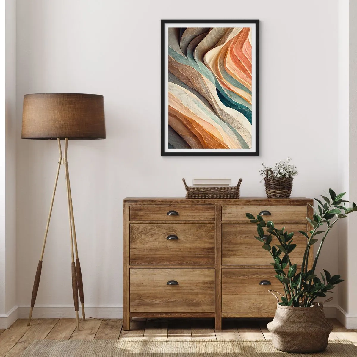 Poster in einem schwarzem Rahmen - Organische Wellen in warmen, natürlichen Farbtönen - 50x70cm - Moment vor der Veränderung - Moderne Wanddekoration für Wohnzimmer und Schlafzimmer ARTTOR