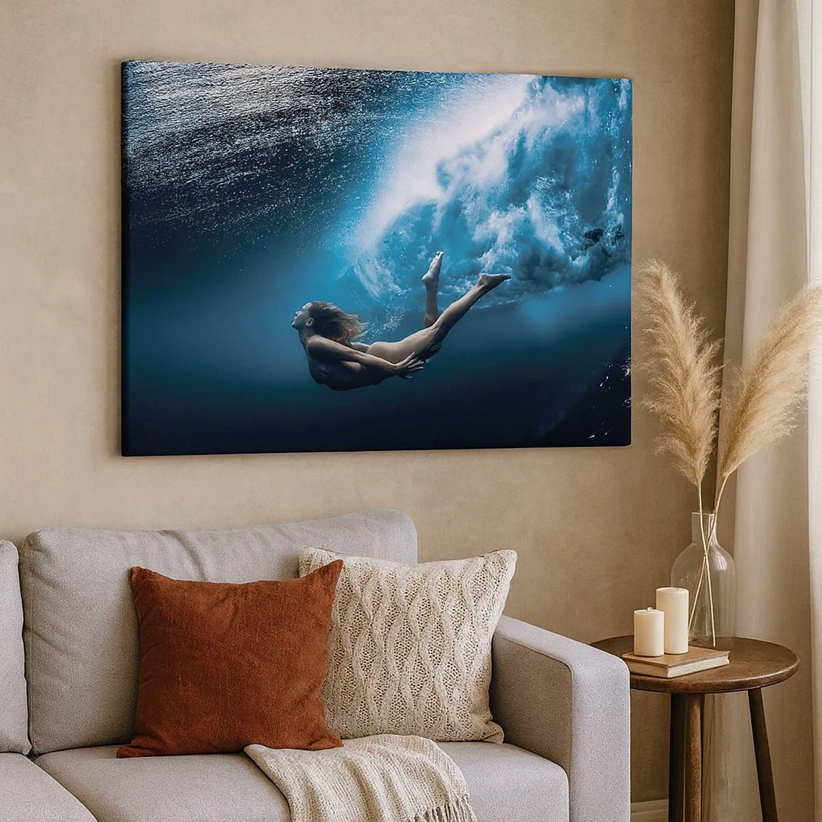 Bild auf Leinwand - Leinwandbild - Unterwasseraufnahme mit einer Frau und Luftblasen - 70x50cm - Moderne Meerjungfrau - Moderne Wanddekoration für Wohnzimmer und Schlafzimmer ARTTOR