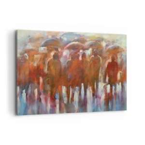 Bild auf Leinwand - Leinwandbild - Eine Menschenmenge mit Regenschirmen in einer regnerischen, künstlerischen Umgebung - 120x80cm - Auch bei Regen und Nebel - Moderne Wanddekoration für Wohnzimmer und Schlafzimmer ARTTOR