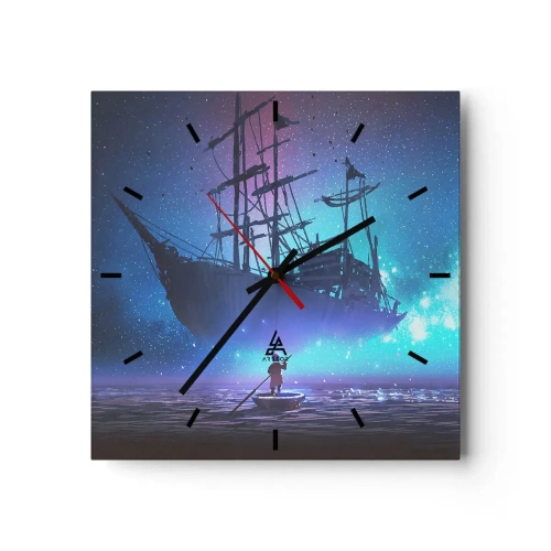 Wanduhr - Glasuhr - Ein fantastisches Schiff vor dem Sternenhimmel - 30x30cm - Begegnung mit dem Mythos des Meeres - Moderne Wanddekoration für Wohnzimmer und Schlafzimmer ARTTOR