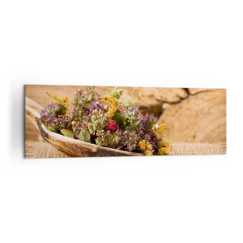Bild auf Leinwand - Leinwandbild - Getrocknete Kräuter in einem Holzlöffel auf natürlichem Holzhintergrund - 160x50cm - Bunte Blumen und duftende Kräuter - Moderne Wanddekoration für Wohnzimmer und Schlafzimmer ARTTOR