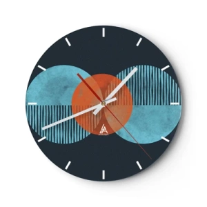 Wanduhr - Glasuhr - Eine abstrakte Komposition aus Kreisen und Linien in Blau- und Orangetönen. - 30x30cm - Symmetrische Komposition - Moderne Wanddekoration für Wohnzimmer, Küche und Schlafzimmer ARTTOR