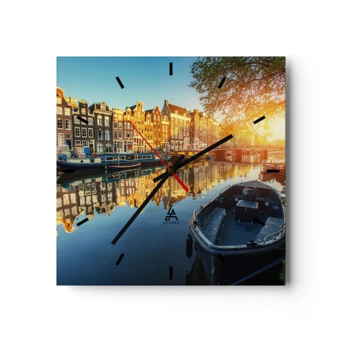 Wanduhr - Glasuhr - Amsterdamer Kanal bei Sonnenuntergang - 30x30cm - Morgen in Amsterdam - Moderne Wanddekoration für Wohnzimmer und Schlafzimmer ARTTOR