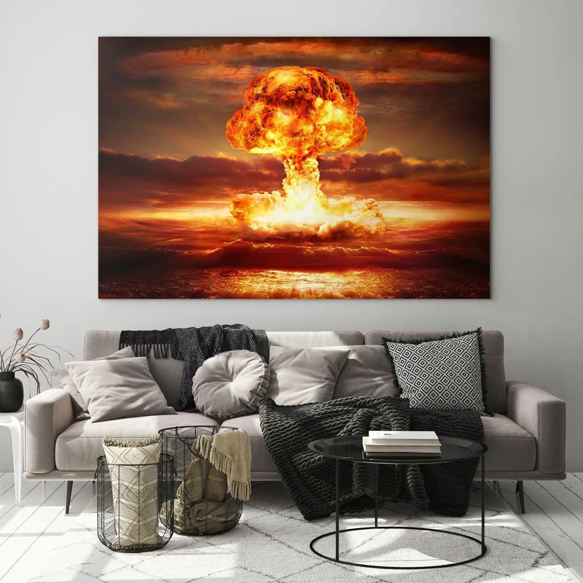 Glasbild - Bild auf glas - Eine Pilzwolkenexplosion in den intensiven Farben eines Sonnenuntergangs - 70x50cm - Und das Ende wird kommen - Moderne Wanddekoration für Wohnzimmer und Schlafzimmer ARTTOR
