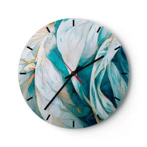 Wanduhr - Glasuhr - Goldene Linien auf einem blau-weißen Hintergrund mit einer weichen Textur. - 30x30cm - Blaue Abstraktion mit goldenem Motiv - Moderne Wanddekoration für Wohnzimmer, Küche und Schlafzimmer ARTTOR