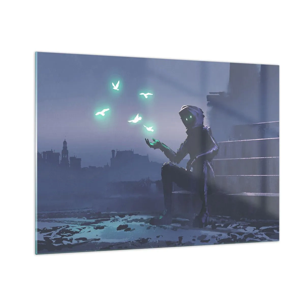 Glasbild - Bild auf glas - Eine Gestalt im Dunkeln, umgeben von schwebenden grünen Vögeln - 100x70cm - Das Leben wird zurückkommen - Moderne Wanddekoration für Wohnzimmer und Schlafzimmer ARTTOR
