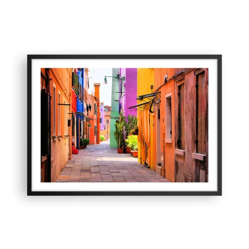 Poster in einem schwarzem Rahmen - Eine bunte Straße mit Mietshäusern in hellen Farbtönen - 70x50cm - Regenbogengasse - Moderne Wanddekoration für Wohnzimmer und Schlafzimmer ARTTOR