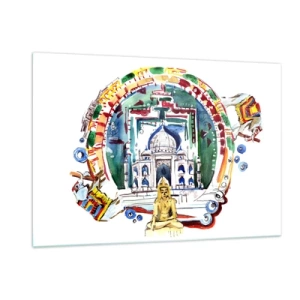 Glasbild - Bild auf glas - Bunte Illustration indischer Wahrzeichen im Aquarellstil - 120x80cm - Hinduistisches Weltgleichgewicht - Moderne Wanddekoration für Wohnzimmer und Schlafzimmer ARTTOR